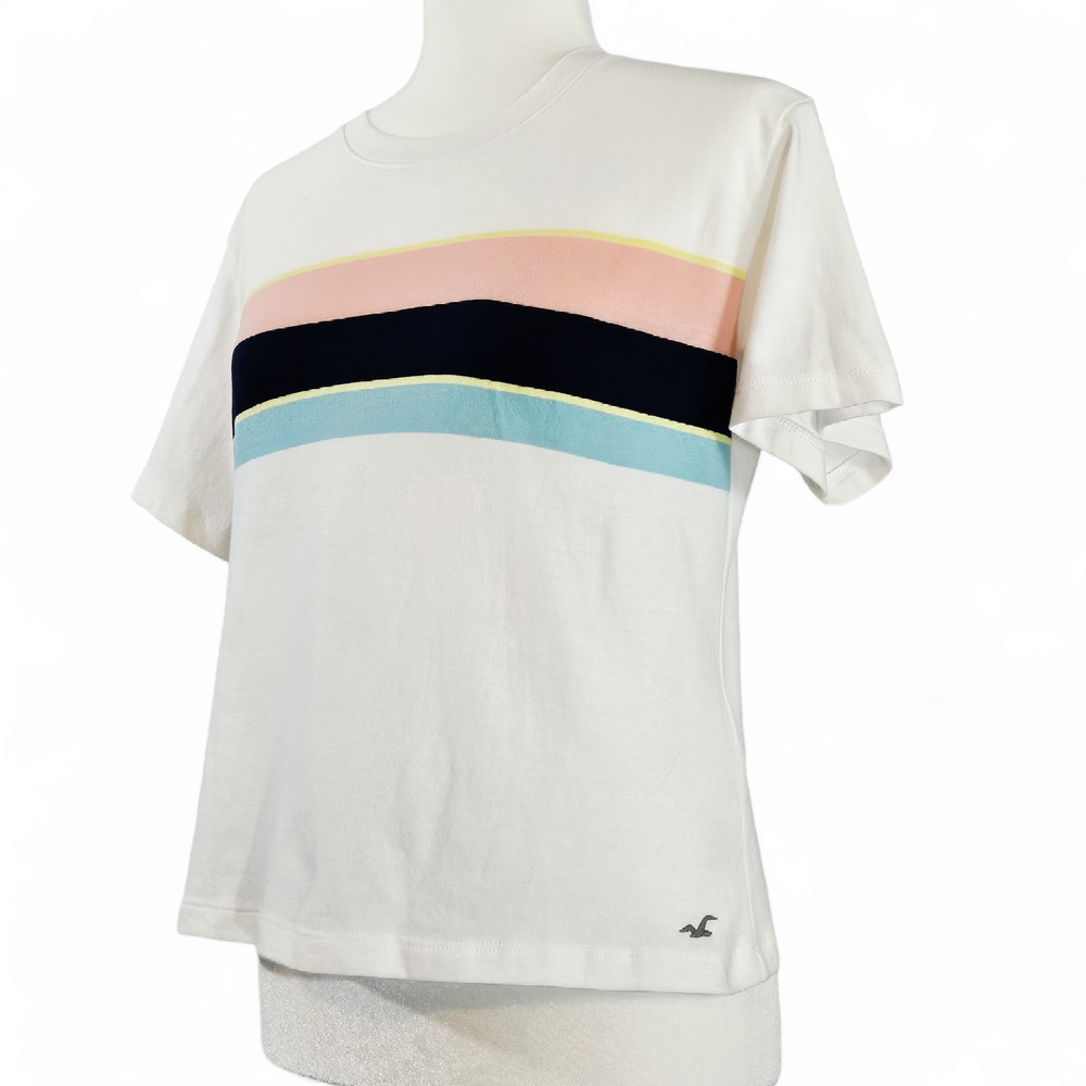 EUC Hollister Womens‎ Multicolor Stripe Short Sleeve Cotton T-Shirt Sz. XS White